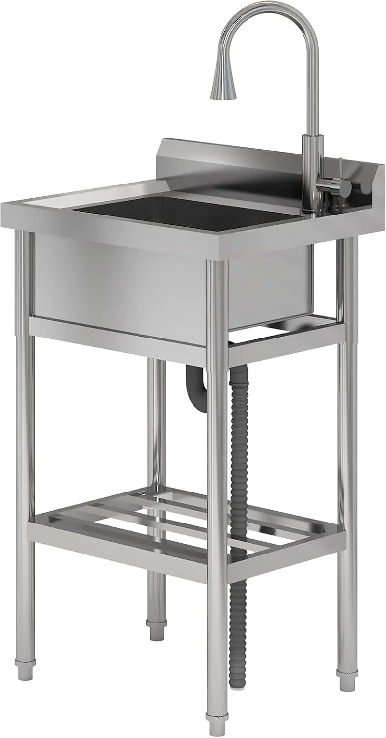 TROPOW 24x20x42 Inch Stainless Steel Utility Sink, Freestanding Single Bowl with Cold and Hot Water Pipe and Faucet, Commercial Sink Kitchen Sink for Restaurant Laundry Room Bathroom Garage Garden