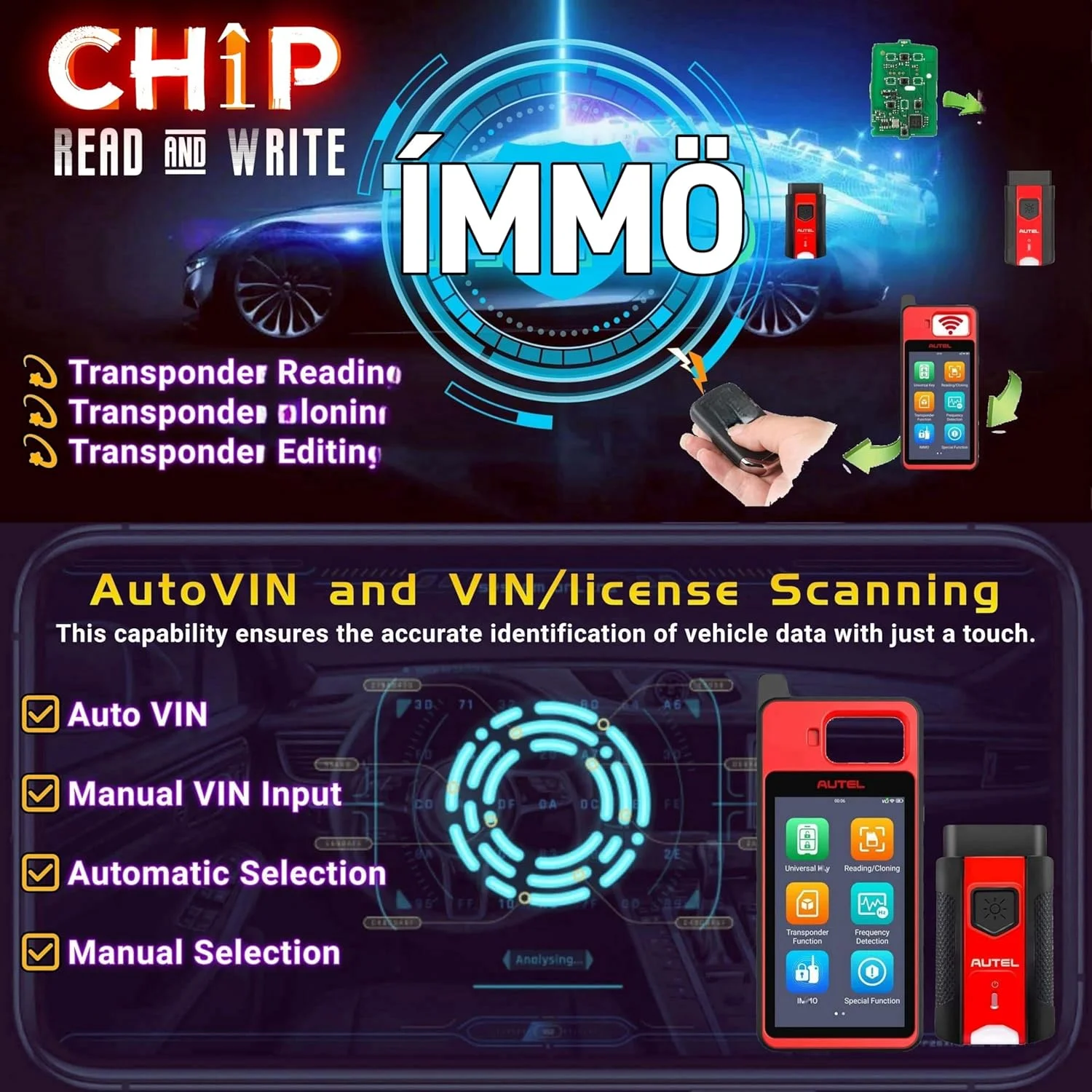 Autel Maxiim KM100 Key Fob Programmer Immobilizer Tool with 2pcs Blank IKEY 60s Key Generation OBD IMMO/Key Learning Transponder Editing Chip Read/Write/Clone Frequency Detection Lite IM508 IM608 PRO