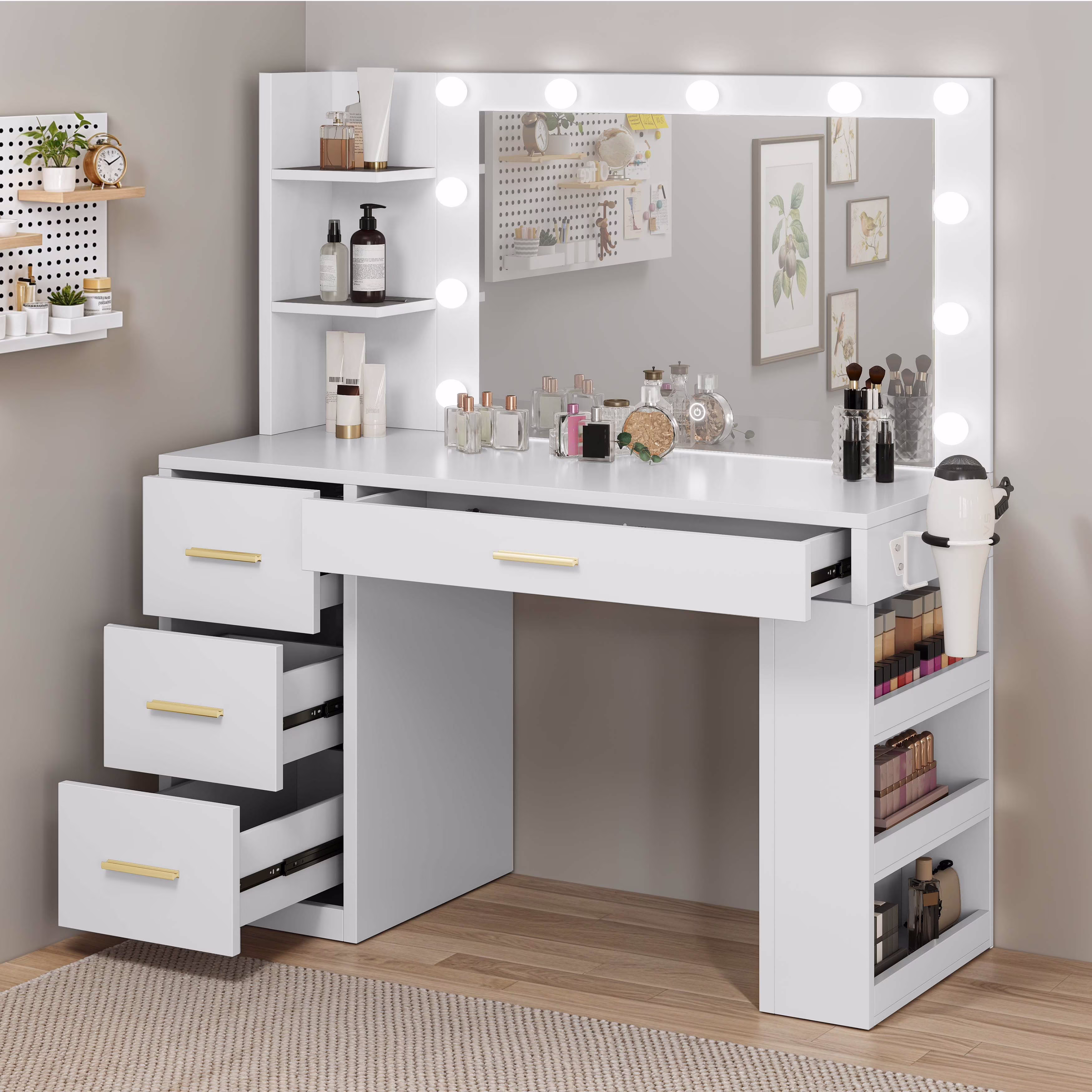 Makeup Vanity Desk with Mirror Lights, Vanity Desk with 4 Drawers Storage Shelves White(White)