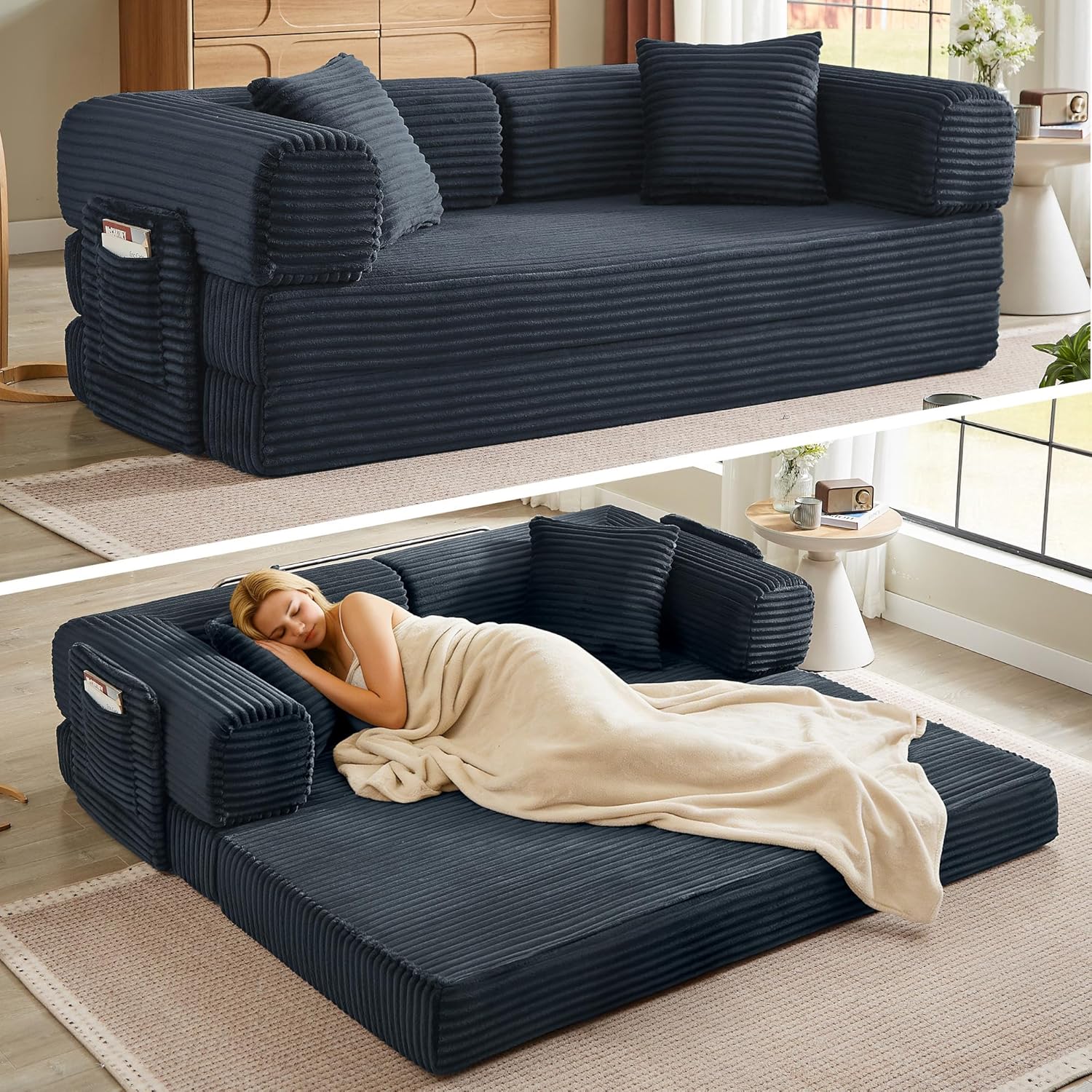Canapé-lit futon pliable sans os pour salon, canapé-lit futon avec assise fixe surdimensionnée en velours côtelé (blanc, 81 pouces)