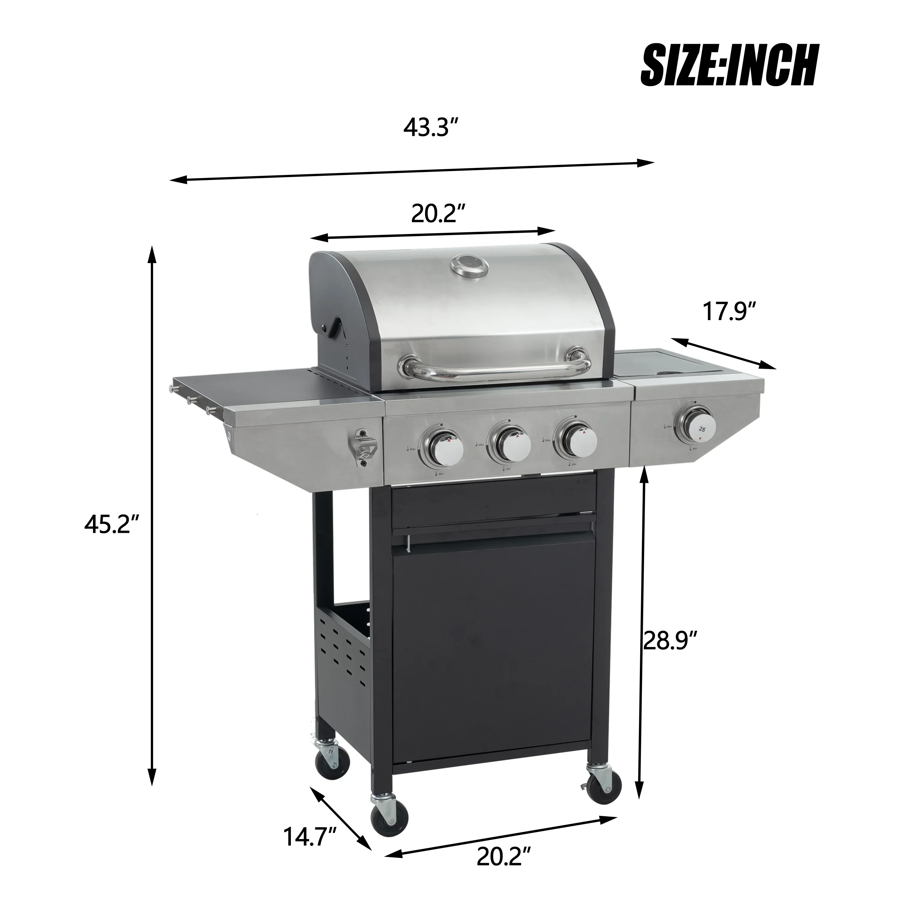Furnibear 4 Burner BBQ Propane Gas Grill, Stainless Steel 34,000 BTU Patio Garden Barbecue Grill with Two Foldable Shelves