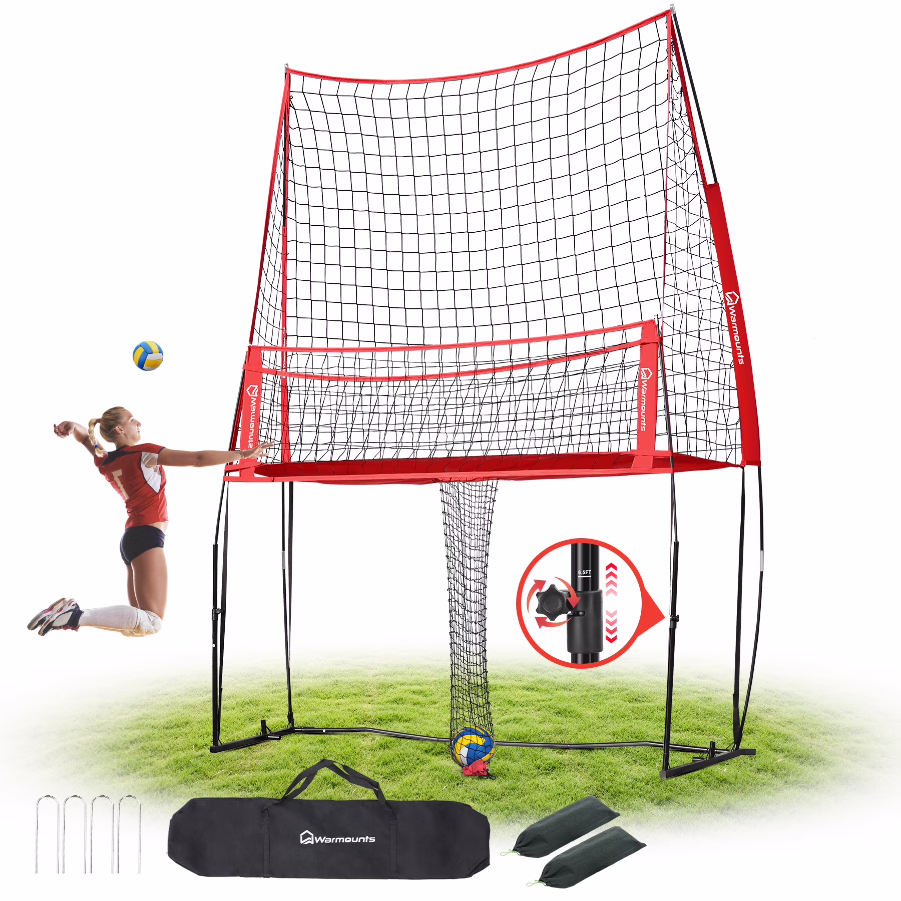 11*8 ft Volleyball Net w/ Ball Return Collection, 2 in 1 Volleyball Training Equipment Adjustable Height, Volleyball Net for Backyard Hitting Serving Passing(Red)