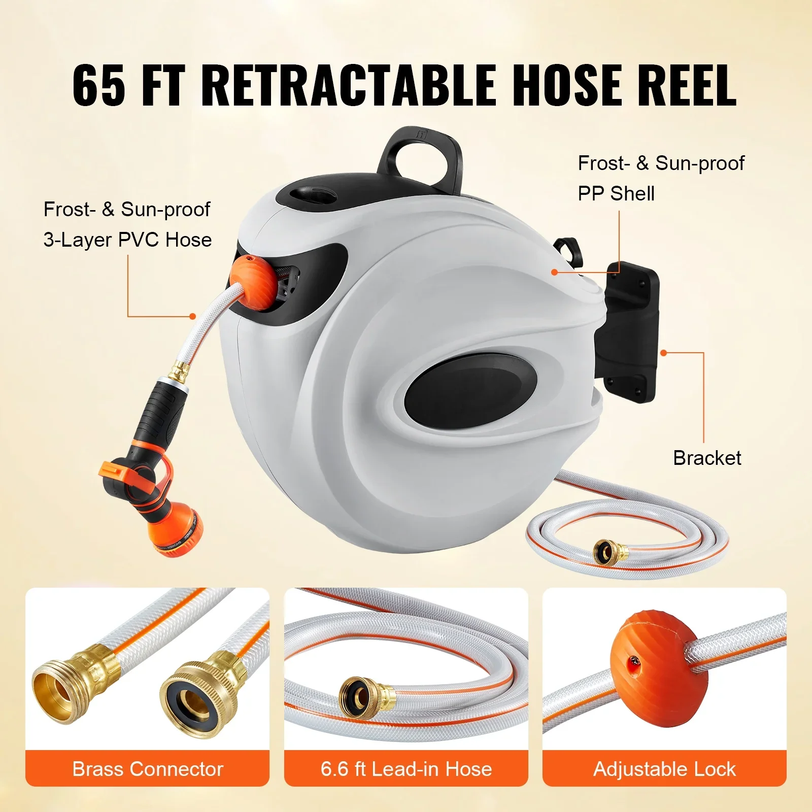 BENTISM Retractable Hose Reel, 65 ft x 5/8 inch, 180�� Swivel Bracket Wall-Mounted, Garden Water Hose Reel with 9-Pattern Nozzle, Automatic Rewind, Lock at Any Length, and Slow Return System