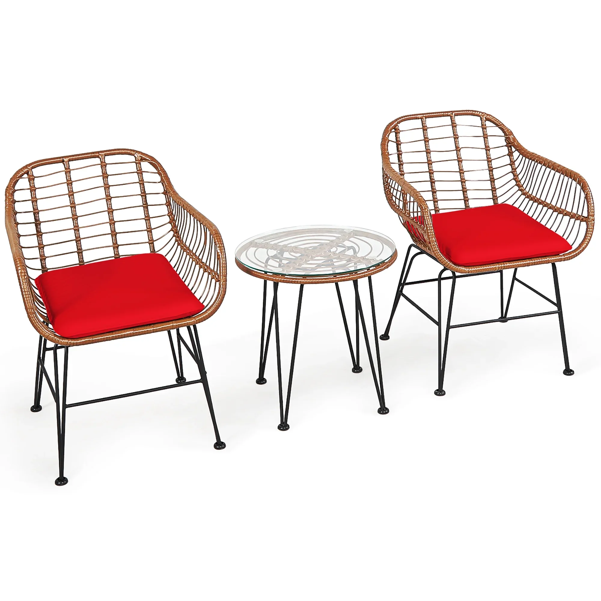 Costway 3PCS Patio Rattan Bistro Set Coffee Table Armchair Garden Red Cushion