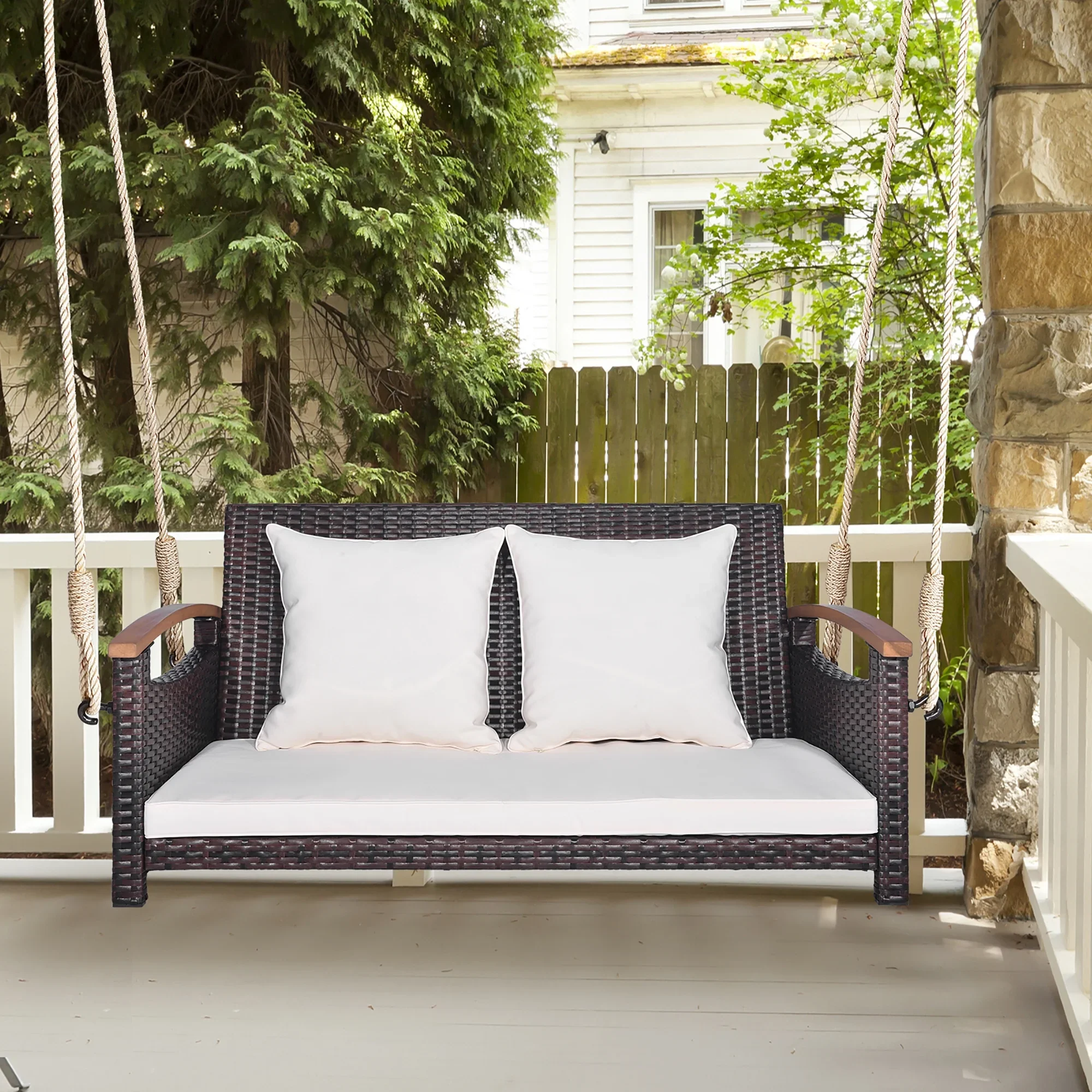 Gymax 2-seater hanging swing porch swing PE wicker swing outdoor hanging swing garden poolside