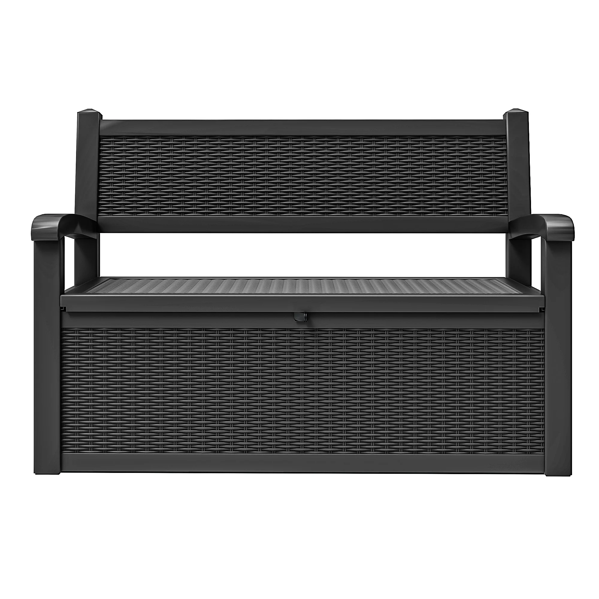Modfusion 70 - Gallon Outdoor Resin Storage Cabinet with Rattan Backrest - Waterproof Patio Bench Seat, 500 lb Capacity, Black