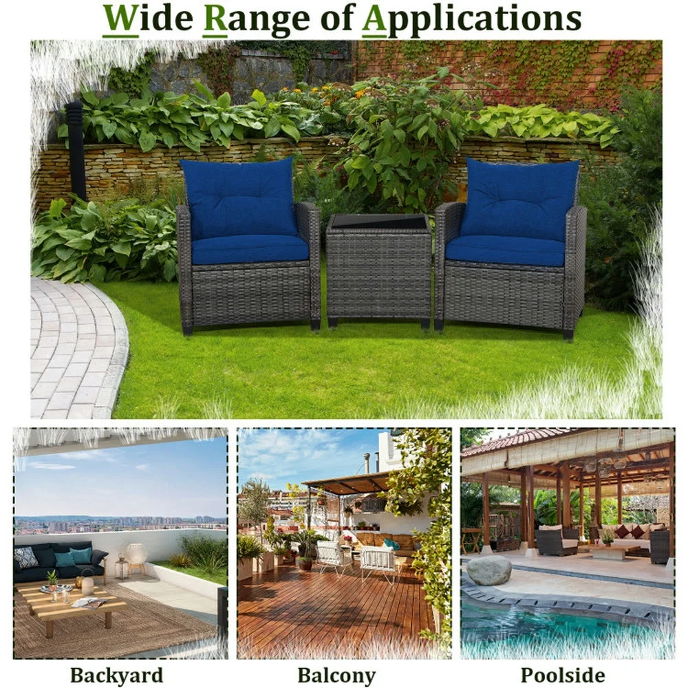 Kadyn Outdoor Seating Sets, Garden Conversation Sets, 3 Pieces Outdoor Wicker Conversation Set with Tempered Glass Tabletop - Navy