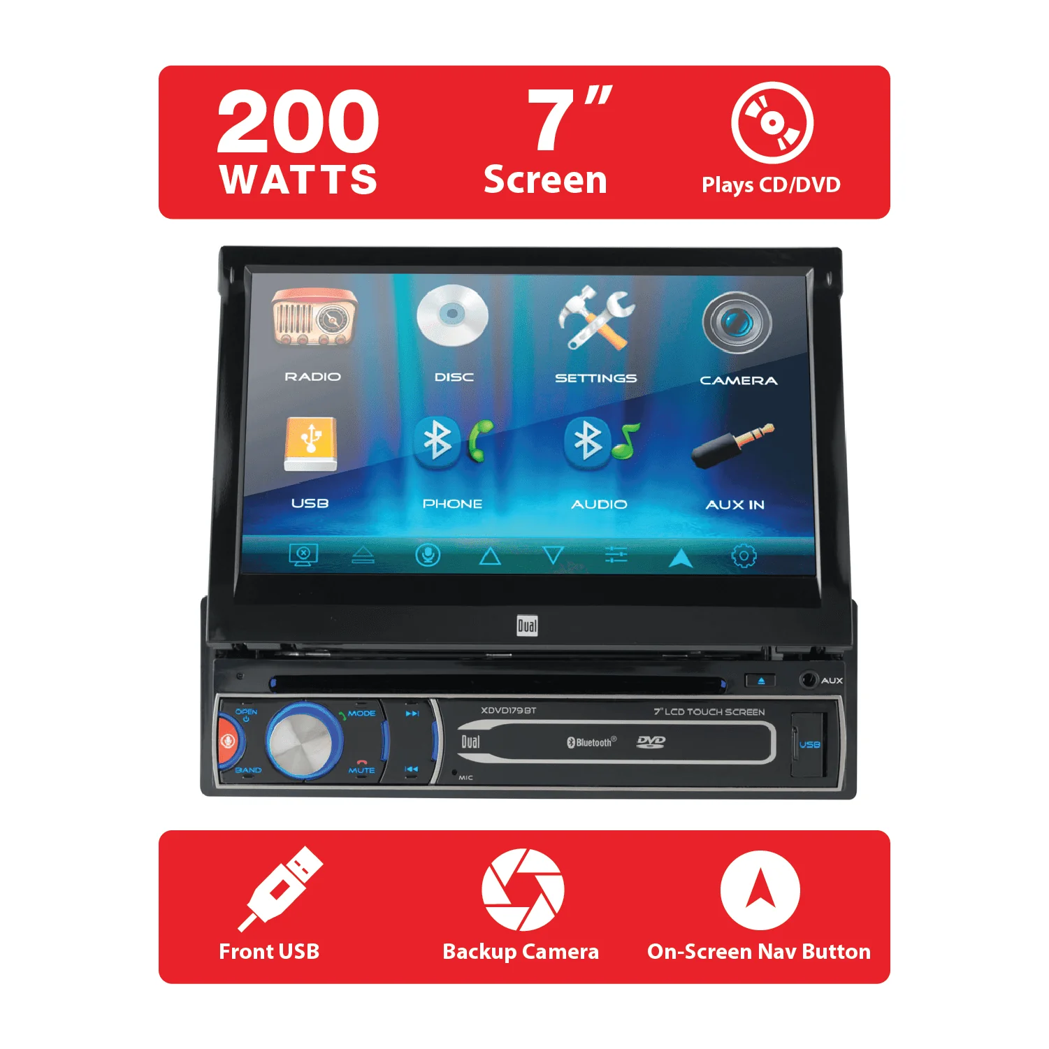 XDVD179BT 7 Inch Single DIN Car Stereo, Motorized Touch Screen, CD/DVD - Image 5