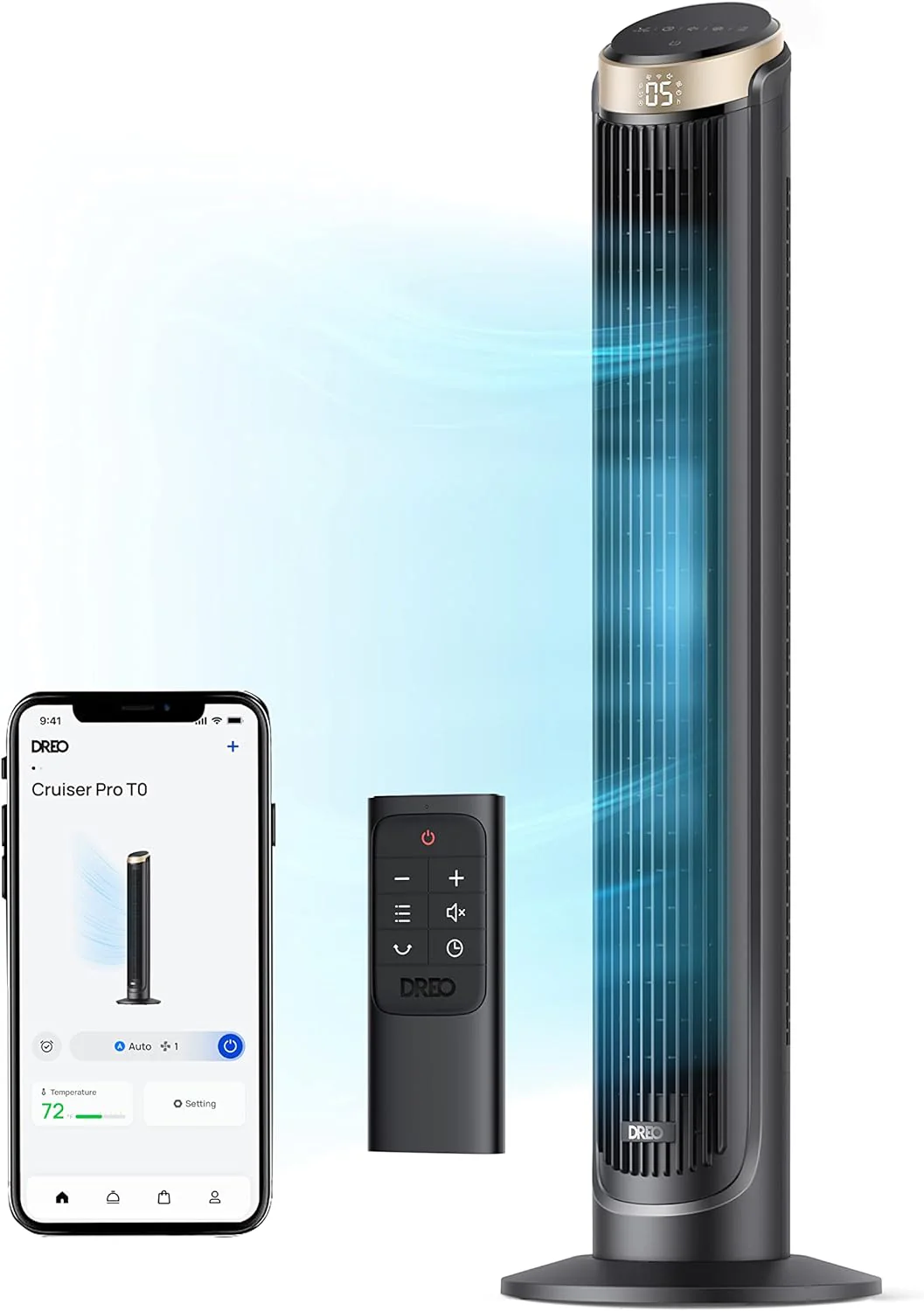 Ventilateur tour intelligent DREO pour chambre, oscillation à 90°, 101,6 cm (40 po), 5 vitesses et 4 modes de ventilation, silencieux, compatible avec Alexa, télécommande, application et commande vocale, minuterie 12 h, argent.