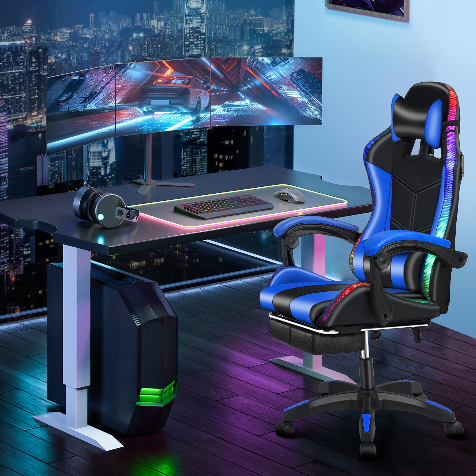 Gaming Chair with Bluetooth Speakers and RGB LED Lights Ergonomic Massage Video Game Chair with Footrest High Back with Lumbar Support(Black Blue) - Image 6