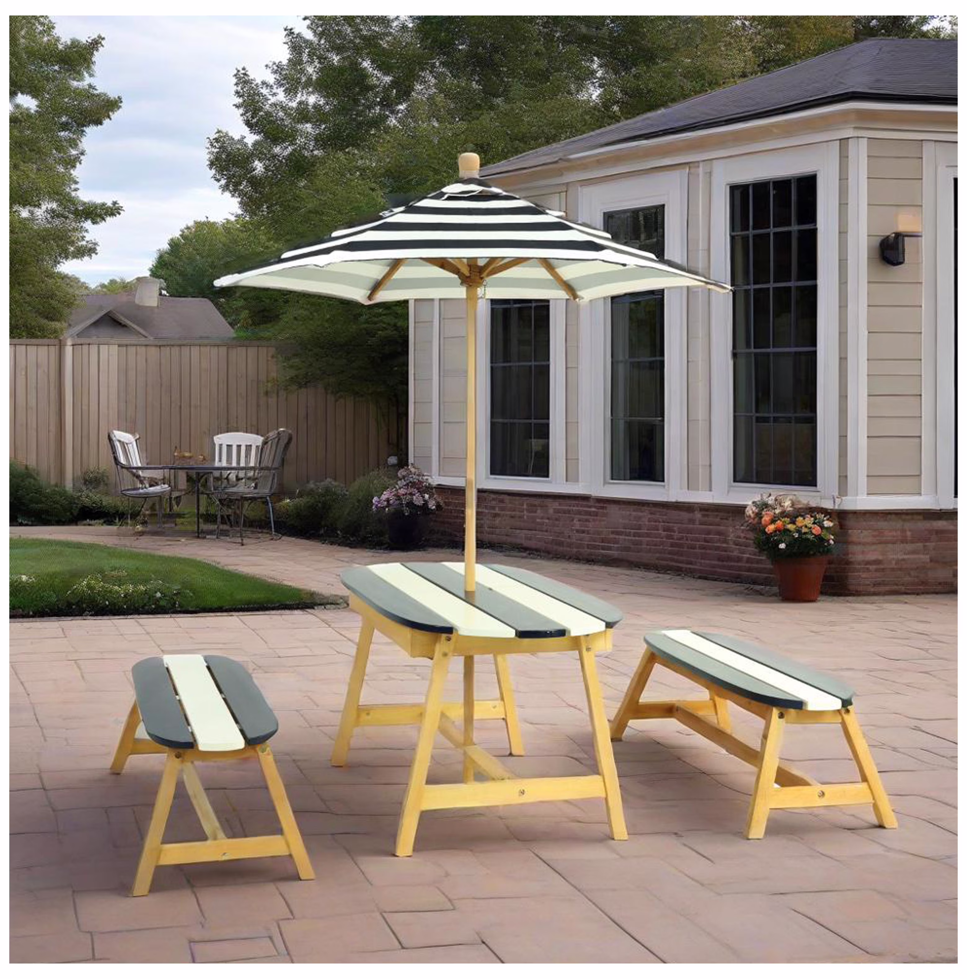 Kids Picnic Table with Umbrella - Dark Blue, Indoor/Outdoor Wooden Table and Bench Set for 4 Children, Play Table for Toddlers, Garden Furniture