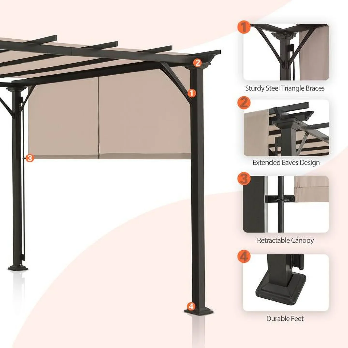 EAGLE PEAK 10x10 Outdoor Gazebo with Retractable Sun Shade Top for Patio, Garden, Backyard, Steel Frame, Beige