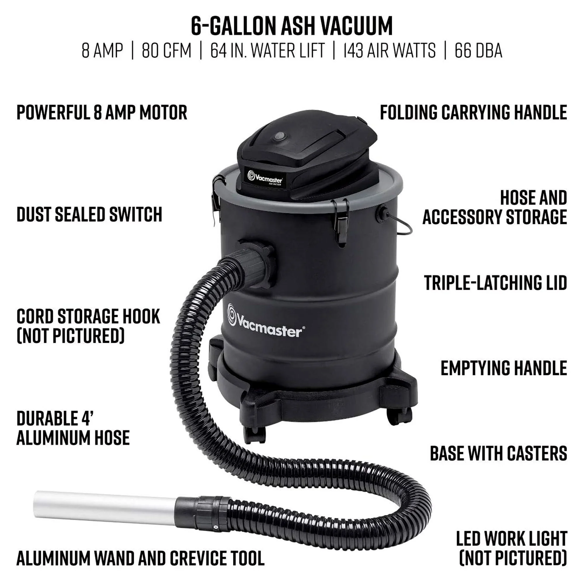 Vacmaster 6 Gal 120V Portable Corded Electric Ash Vacuum w/Wheels, Black