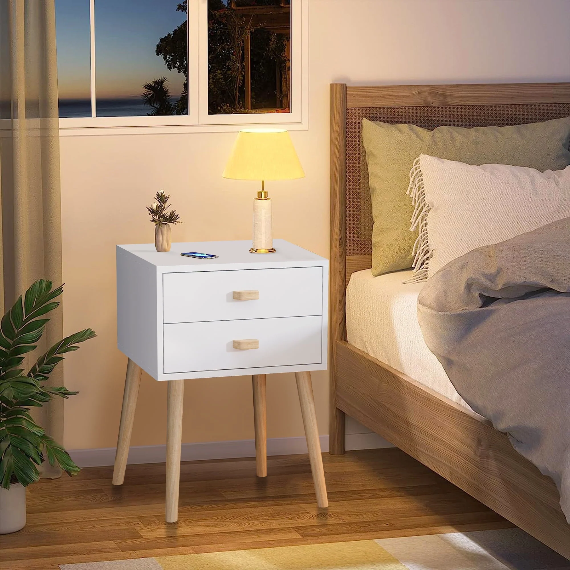 Nightstand Set of 2, Bedroom Bedside Table with 2 Drawer Storage Shelf, Simple Modern Night Stand End Table with Wood Handle, Easy assembly, Suitable for Living Room Bedroom Furniture, White(Style 1#White) Image 5