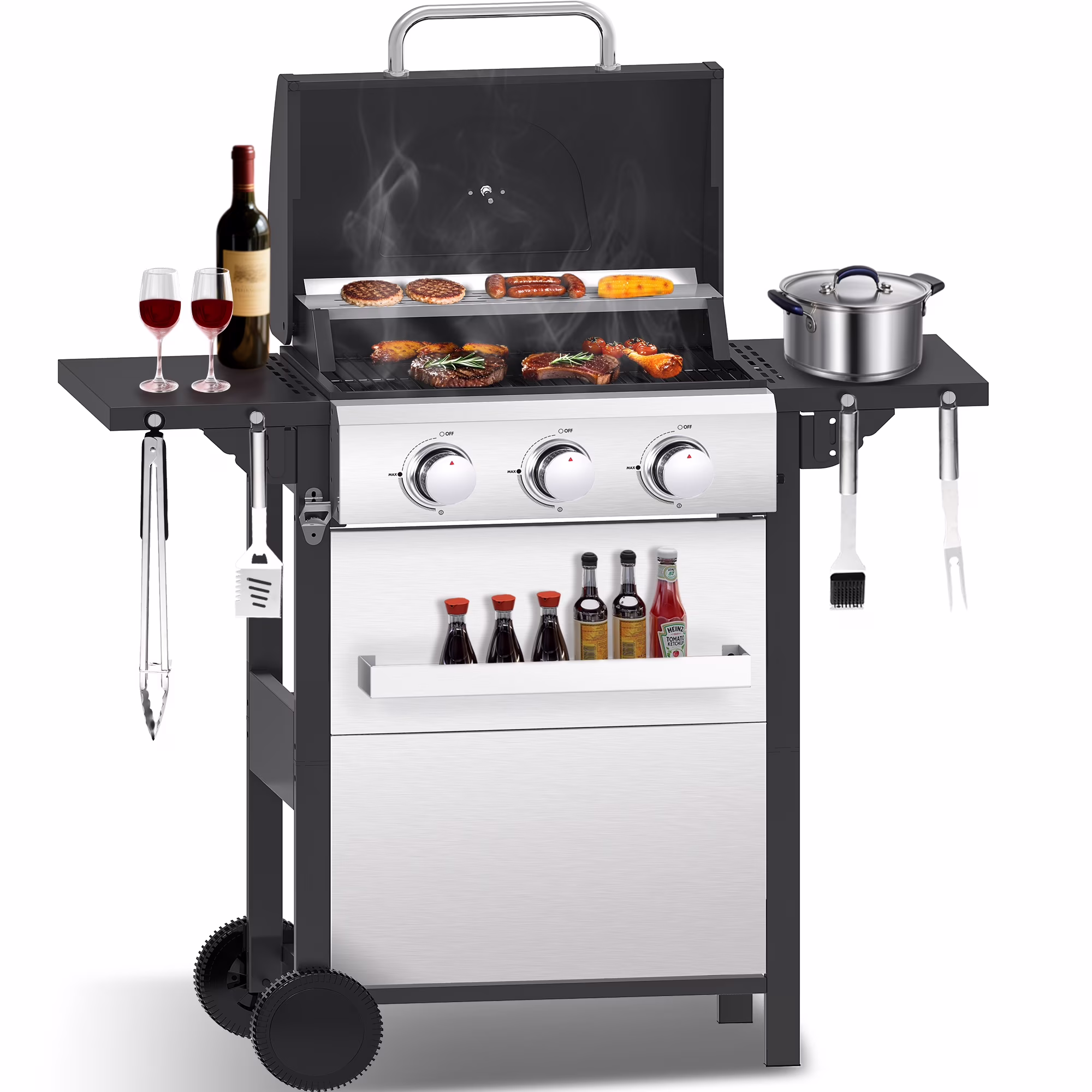 CIG GARDEN 3-Burner Propane Gas Grill,Outdoor Barbecue Grill with Side Tables and Wire Enamel Cooking Grids,31,500 BTU Output Stainless Steel Grill for Patio Garden Camping Backyard BBQ