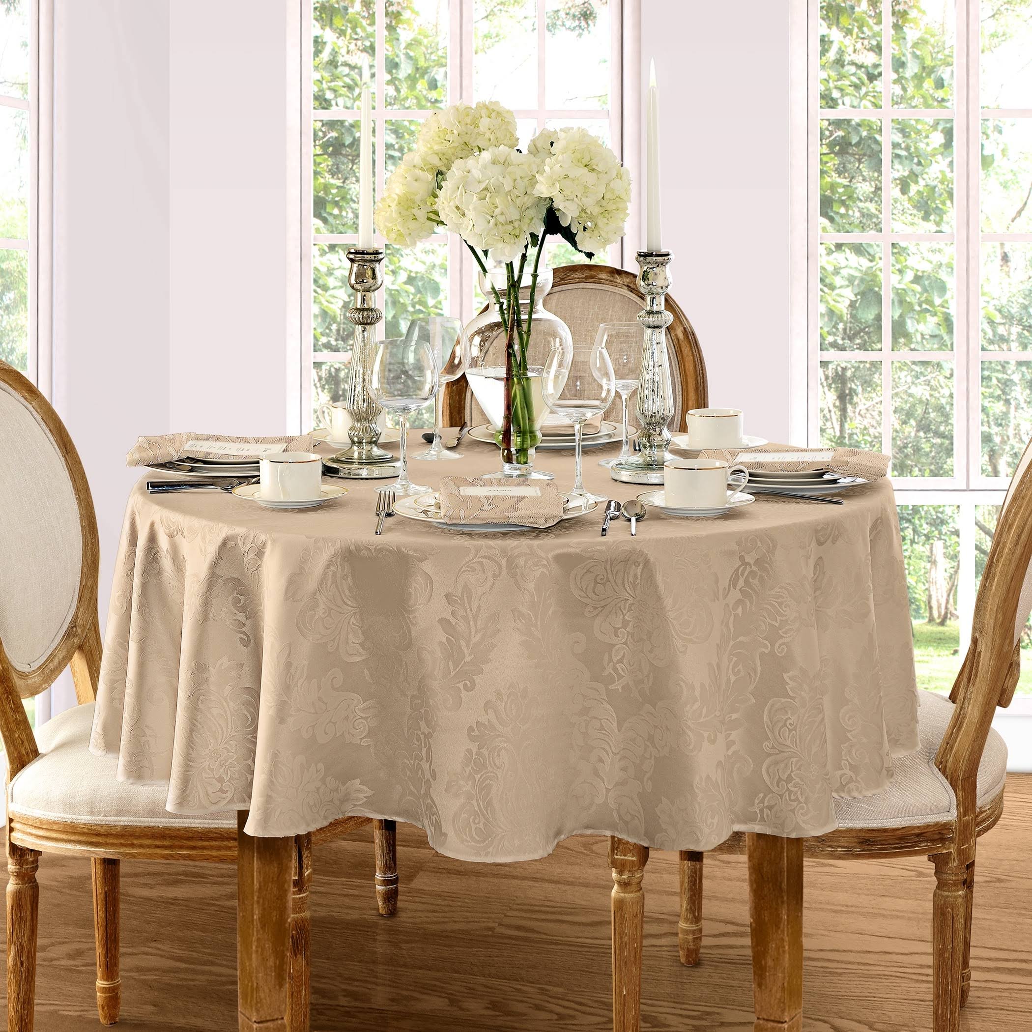Elrene 70 in. Round Beige Barcelona Damask Fabric Tablecloth