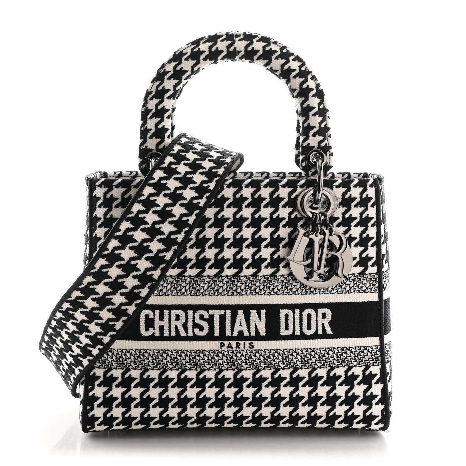 Canvas Houndstooth Embroidered Medium Lady D-Lite Black White
