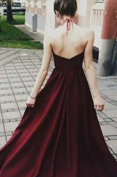 Sexy Halter Dark Burgundy Long Sleeveless Prom Dresses with Appliques DM733
