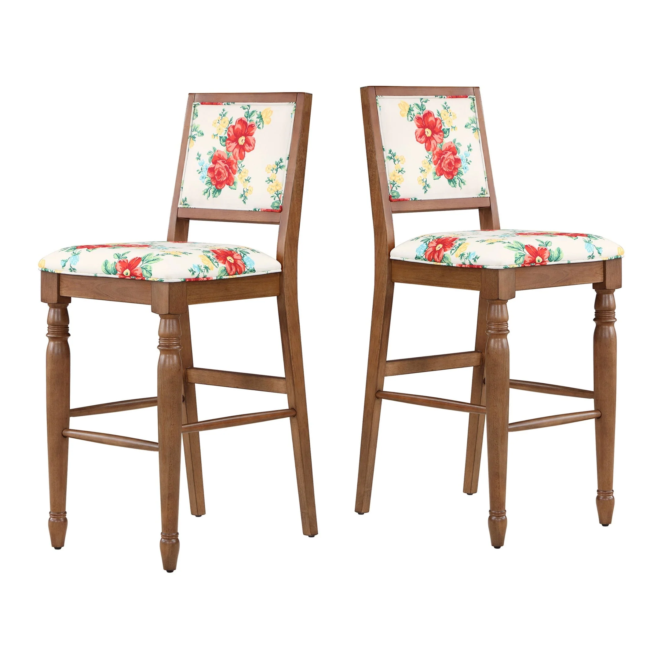Vintage Floral Bar Stools Made With Solid Wood Frame, Set of 2