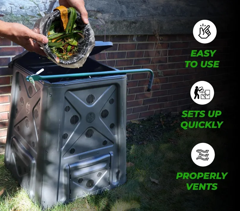 Tumis 65 Gallon Outdoor Compost Bin with Snapping Lift Off Lid, 4 Door Access, and Multiple Vent Holes for Garden and Landscaping, Black