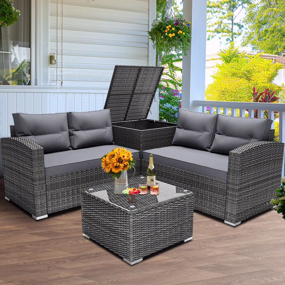 Rattan Patio Sofa Set, 4 Pieces Outdoor Sectional Furniture Set, All-Weather PE Rattan Wicker Patio Conversation Set, Cushioned Sofa Set with Glass Table for Patio Garden Poolside Deck(Brown) - Image 9