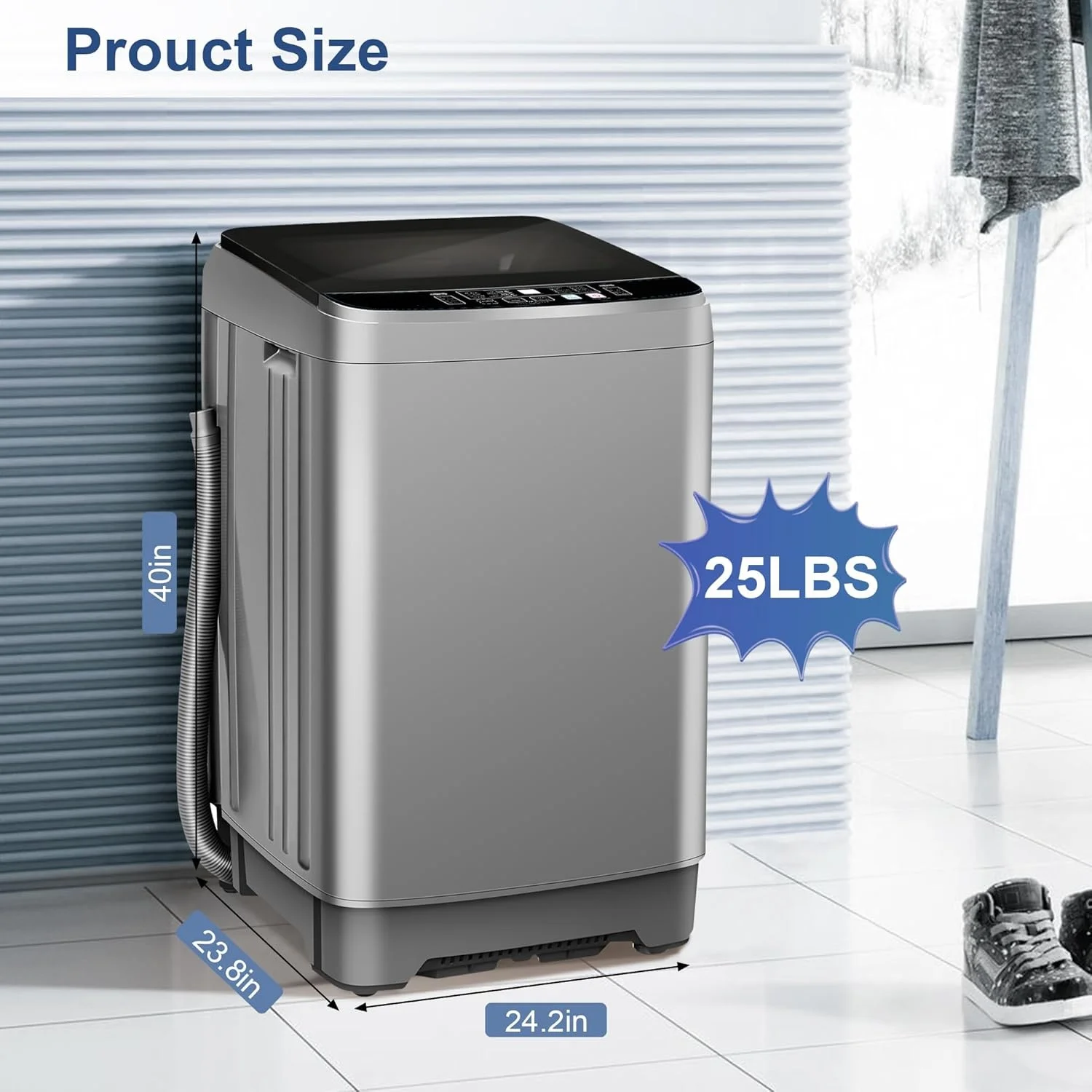 Portable Washing Machine, 25 lbs Full Automatic Washer with 10 Programs 8 Water Levels, Top Load Clothes Washing Machines with LED Display for Home, Apartment, Grey - Image 3