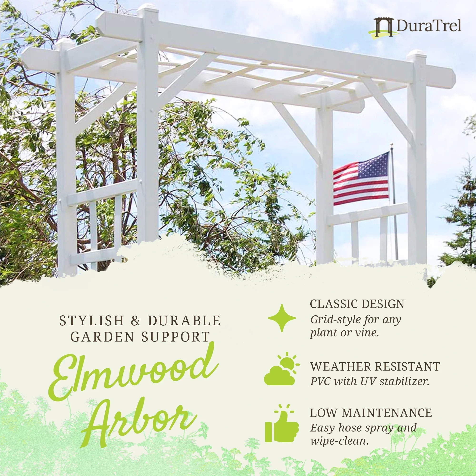 Dura-Trel Elmwood Arbor 57 x 84 PVC Outdoor Garden Arch Lattice Trellis
