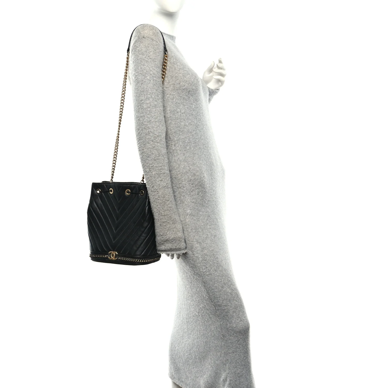 Sheepskin Chevron Quilted Drawstring Bag Black