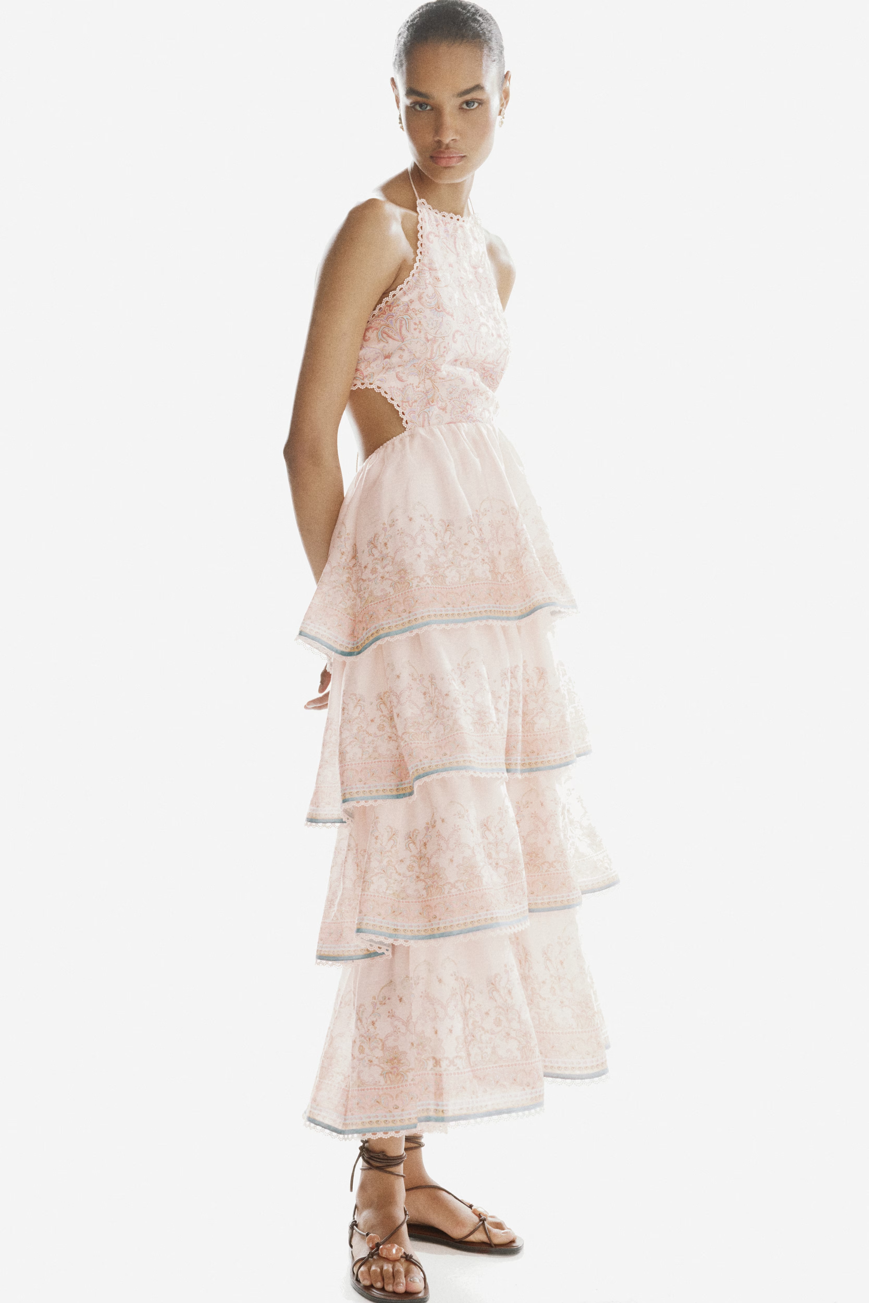 Linen-Blend Tiered Halterneck Dress