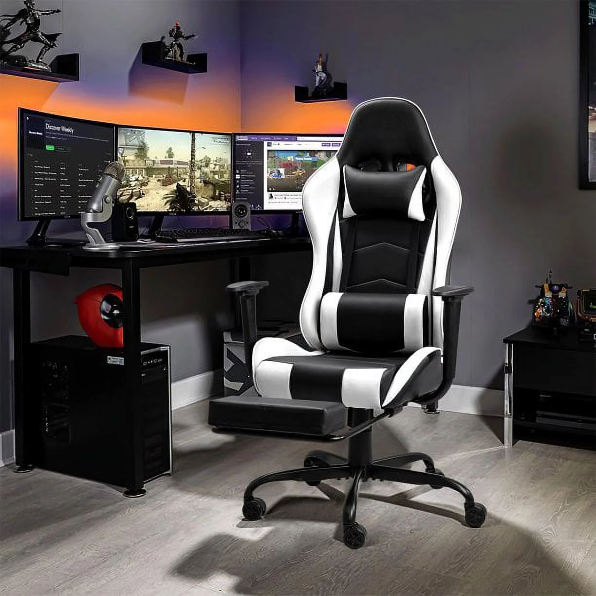 High Back Gaming Chair PU Leather Adjustable Height Racing Chair with Lumber Support Ergonomic Gaming Chair with Reversible, White(White) - Image 2