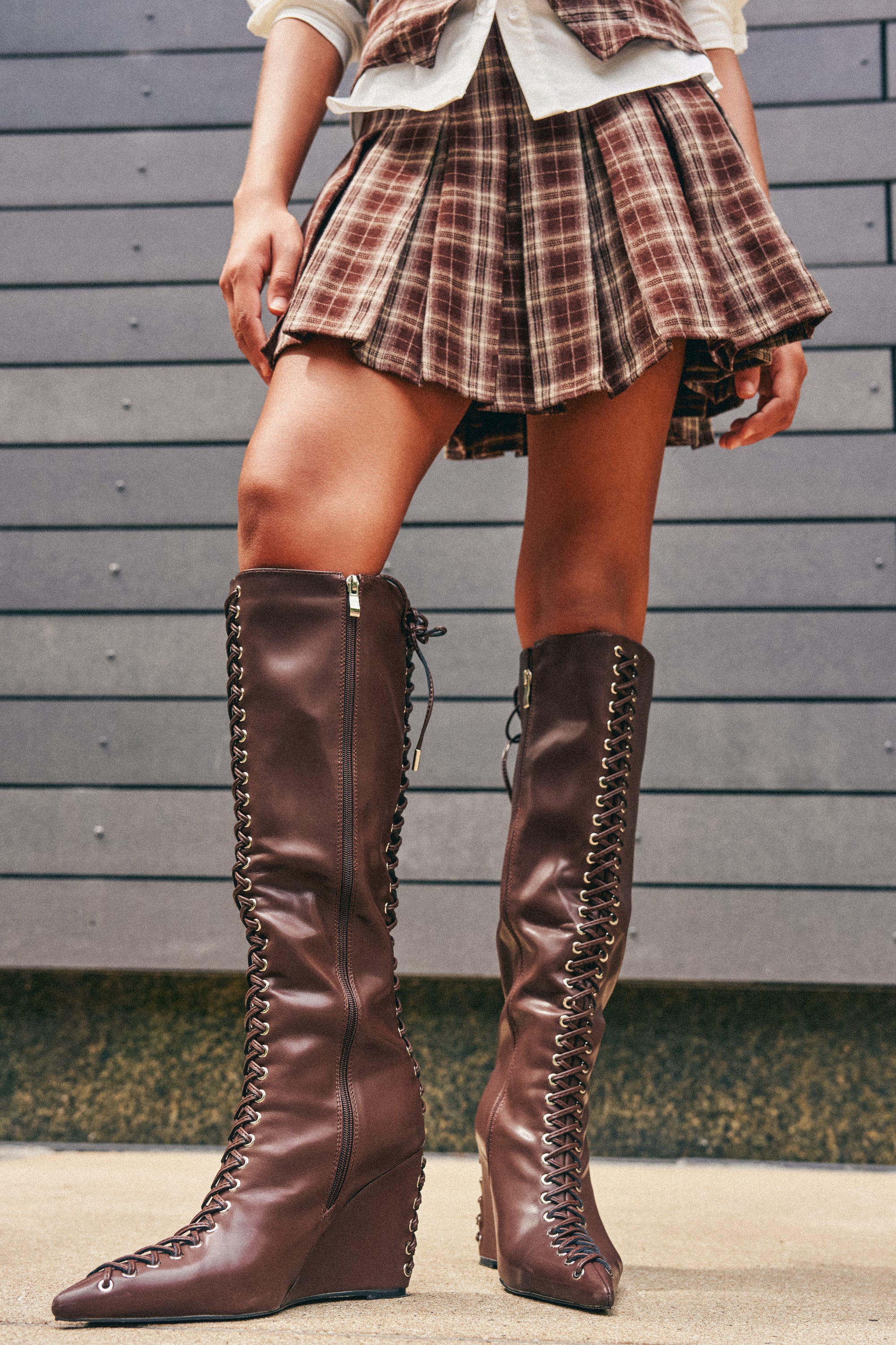 AZALEA WANG THAUMUS BROWN LACE UP WEDGE BOOT - Akira Store