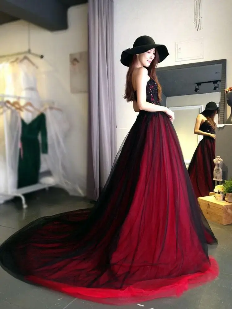 Burgundy Lace Tulle A Line Strapless Long Prom Dress DM947