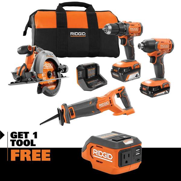 18V Cordless 4 Tool Combo Kit with 4 0 Ah Battery, 2 0 Ah Battery, Charger, Bag and 18V AC Inverter