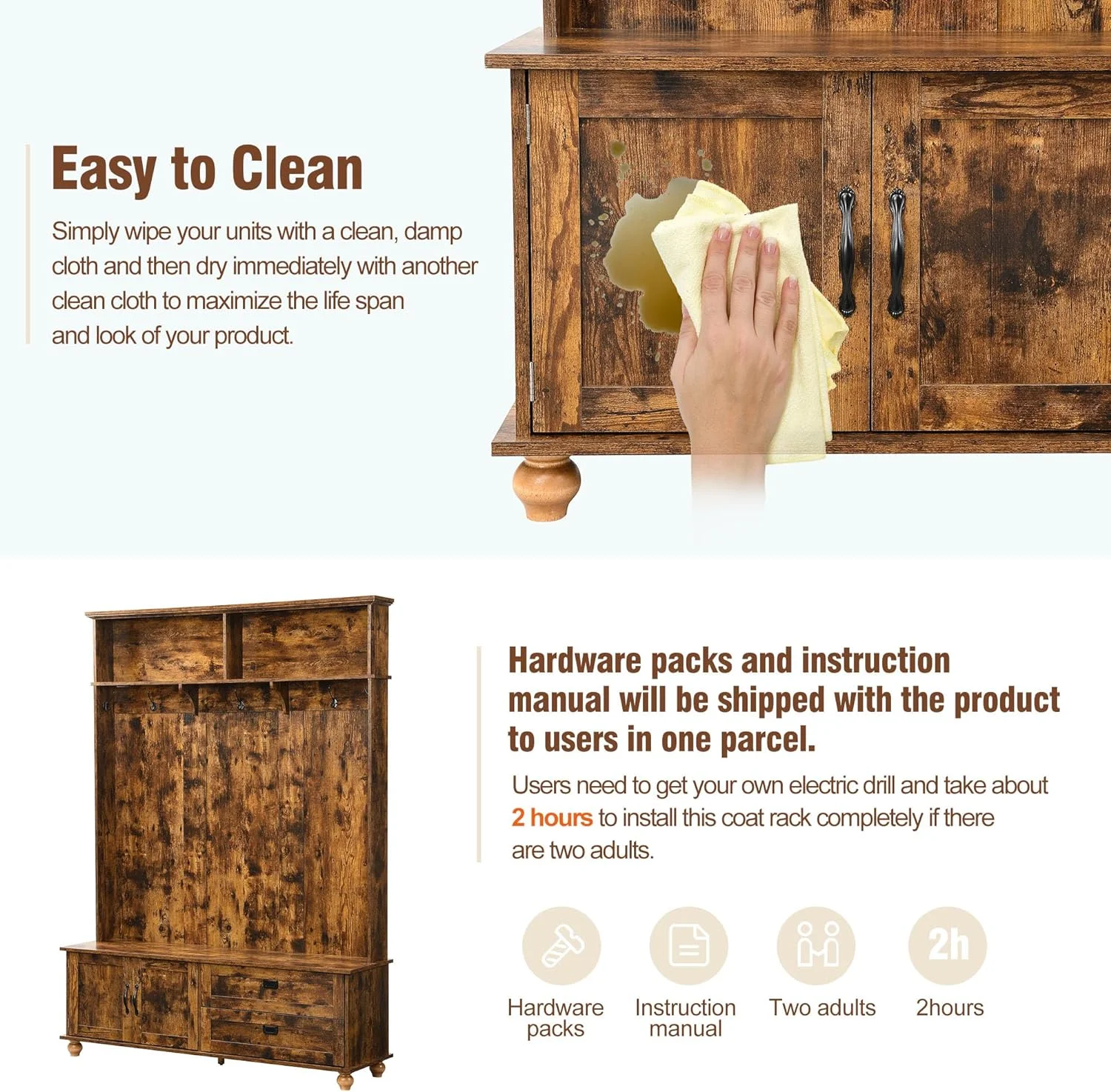 2025 New Hall Tree with 2 Large Drawers and Storage Cabinet, Coat Rack Set with Shoe Bench, Widen Mudroom Bench with 5 Coat Hooks, Hallway Shoe Cabinet for Hallway(Brown)