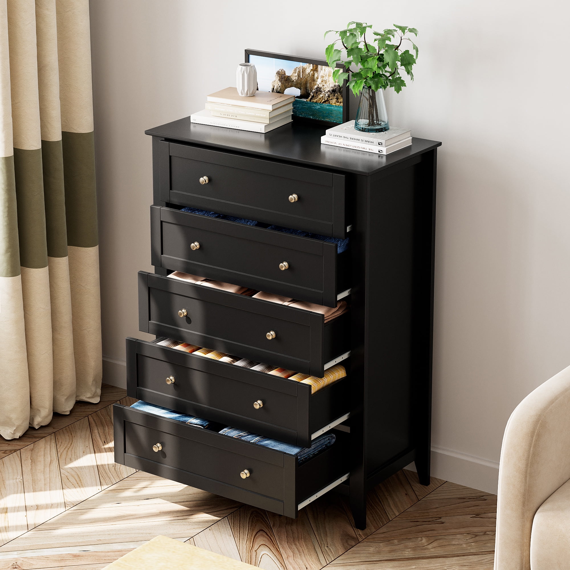 Dresser for Bedroom Black with 5 Drawers, Tall Wood Organizer Storage Cabinet with Round Handle, Drawer Dresser for Closet, Living Room, Hallway, Nursery, Kids Bedroom(5-Drawer Chest/Black) - Image 9