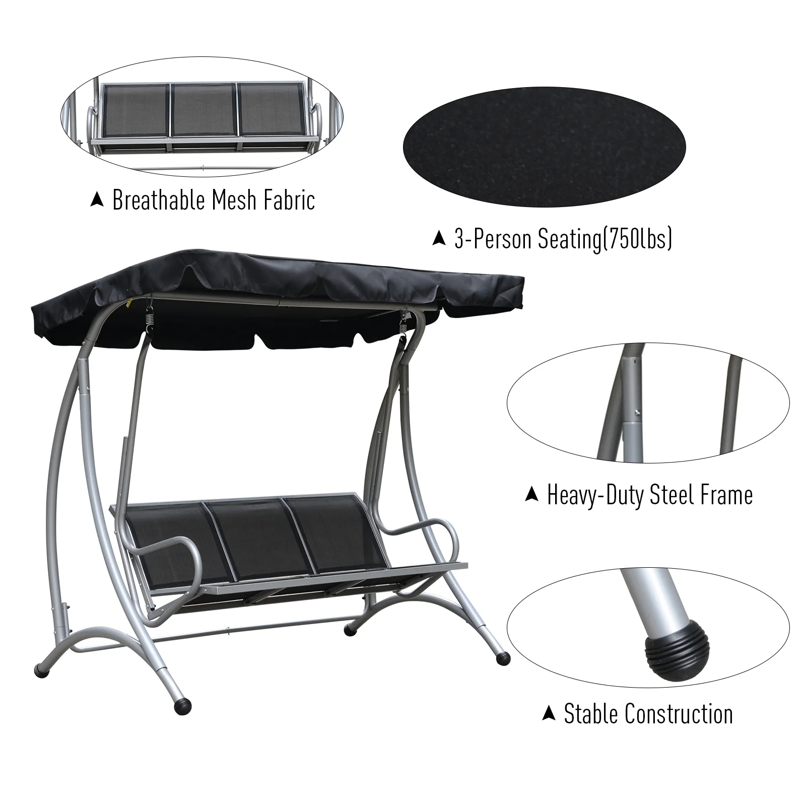 3 Person Patio Swing Seats, Porch Swing with Stand Adjustable Canopy, Heavy Duty Outdoor Swing Chair Bench for Adults, Black(Black) - Image 6