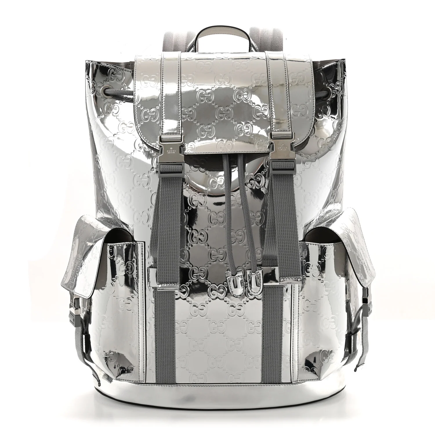 Mirror Effect GG Monogram Appia Calfskin Web Double Buckle Backpack Silver