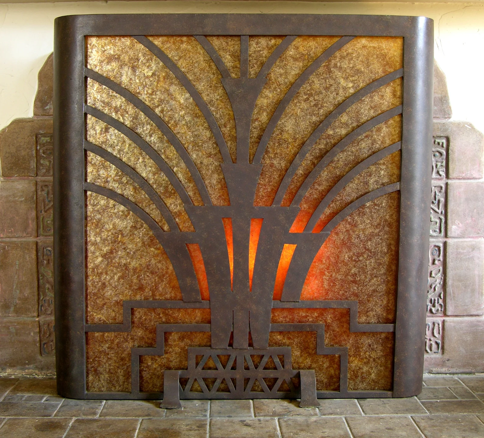 Freestanding Art Deco Fireplace Screen design with Mica - TA Screen Specialist, Inc.