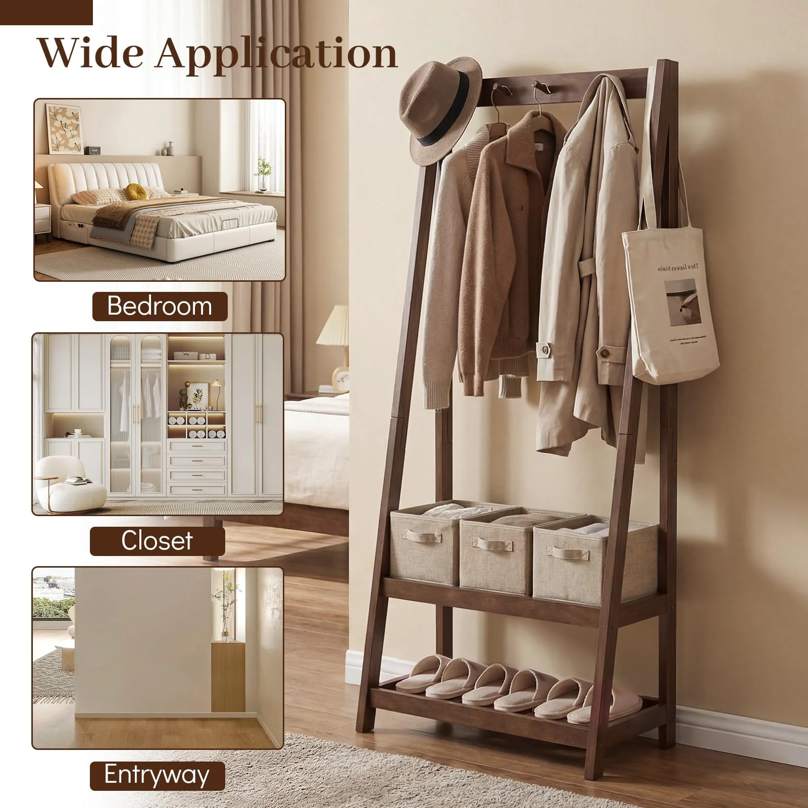 Tangkula Freestanding Rubber Wood Garment Rack with 3 Hooks and 2 Shelves
