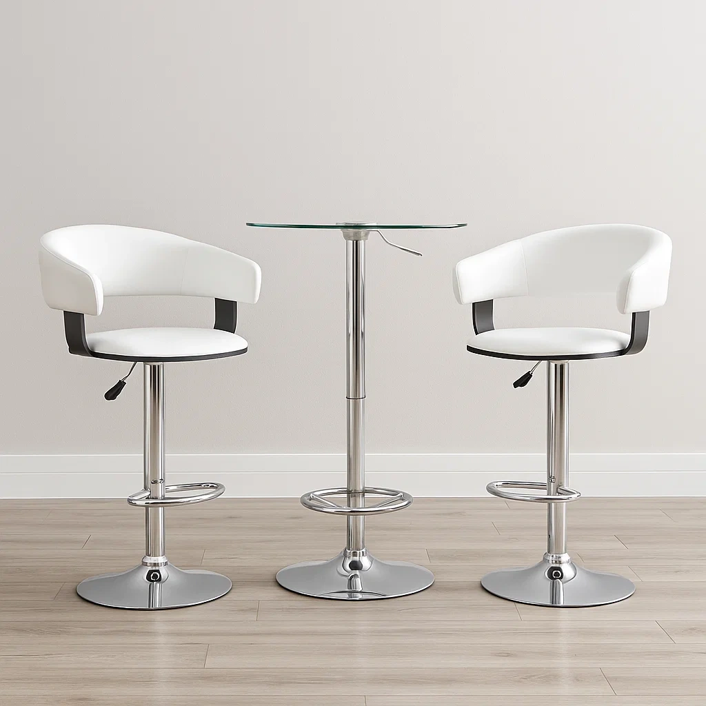 Barbord og skammelst, indeholder et bord og to stole, hvid, glas, metal og kunstlder, egnet til indendrs brug