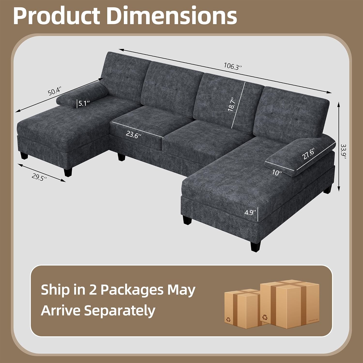 Shintenchi U-Shaped Sectional Couches for Living Room, 4 Seat Sofa with Double Chaise Lounges,Solid Wood Frame Sectional Sofa for Apartment