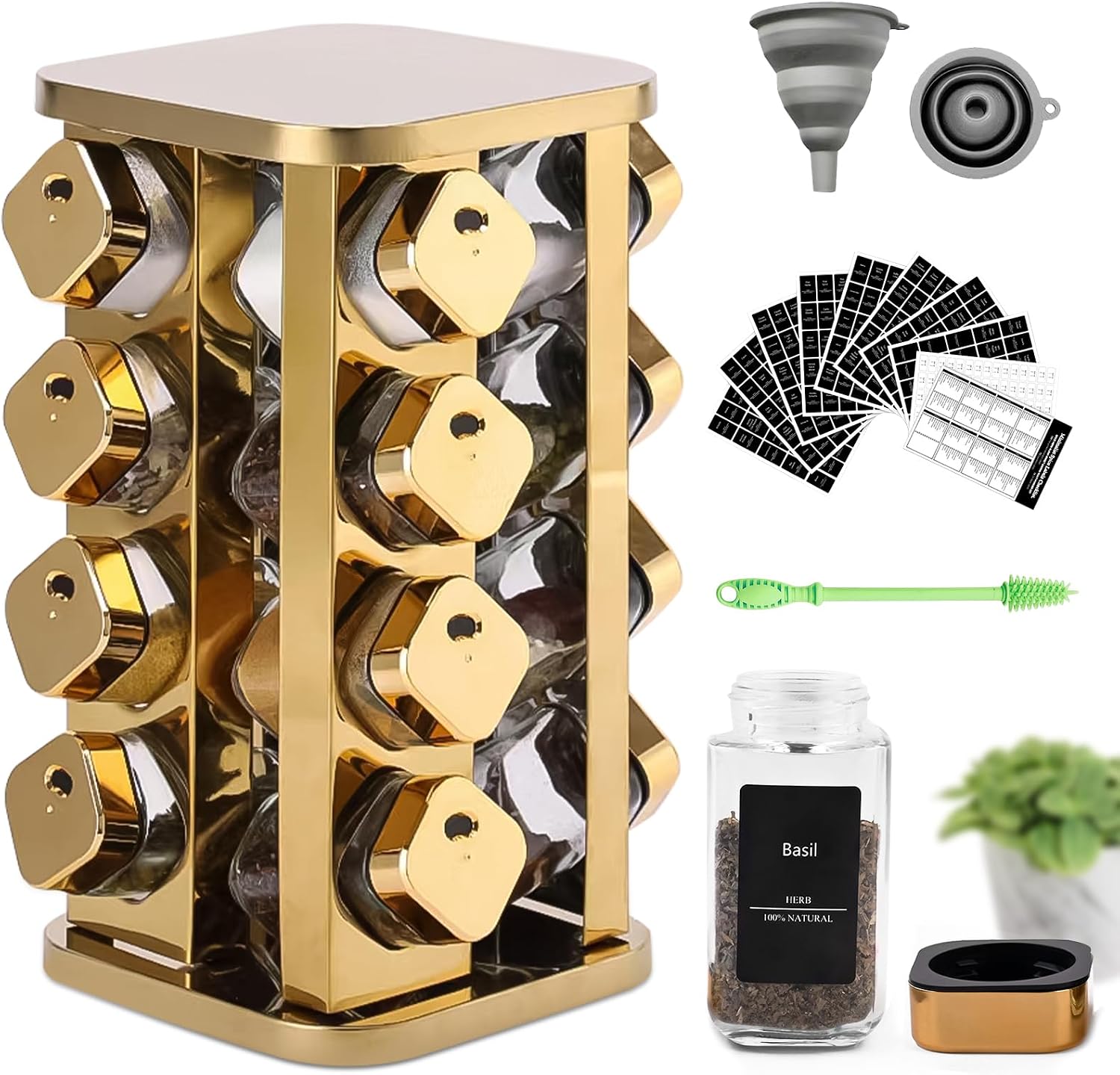 Kitchen stainless steel spice rack with 16 food-grade glass cans-275 spice labels-rotating vertical bracket and countertop seasoning rack cabinet tower storage rack (golden, 16)