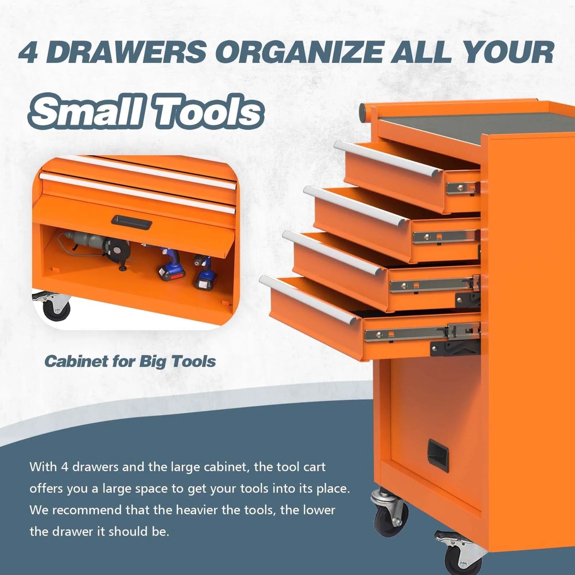 POWANLI Drawer Rolling Tool Chest with Wheels, Steel Orange, 24.25 48.5 lb