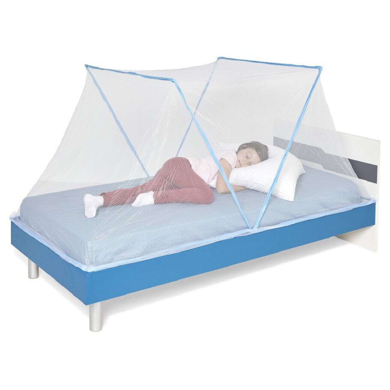 Moustiquaire dôme pliable pour lit 1 place bleu et blanc