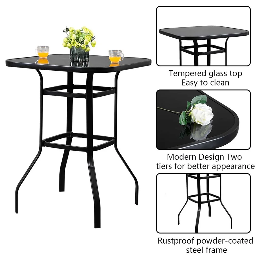 Cfowner 31 x 40 Square Multifunction Wrought Iron & Glass Patio Bar Table, Black