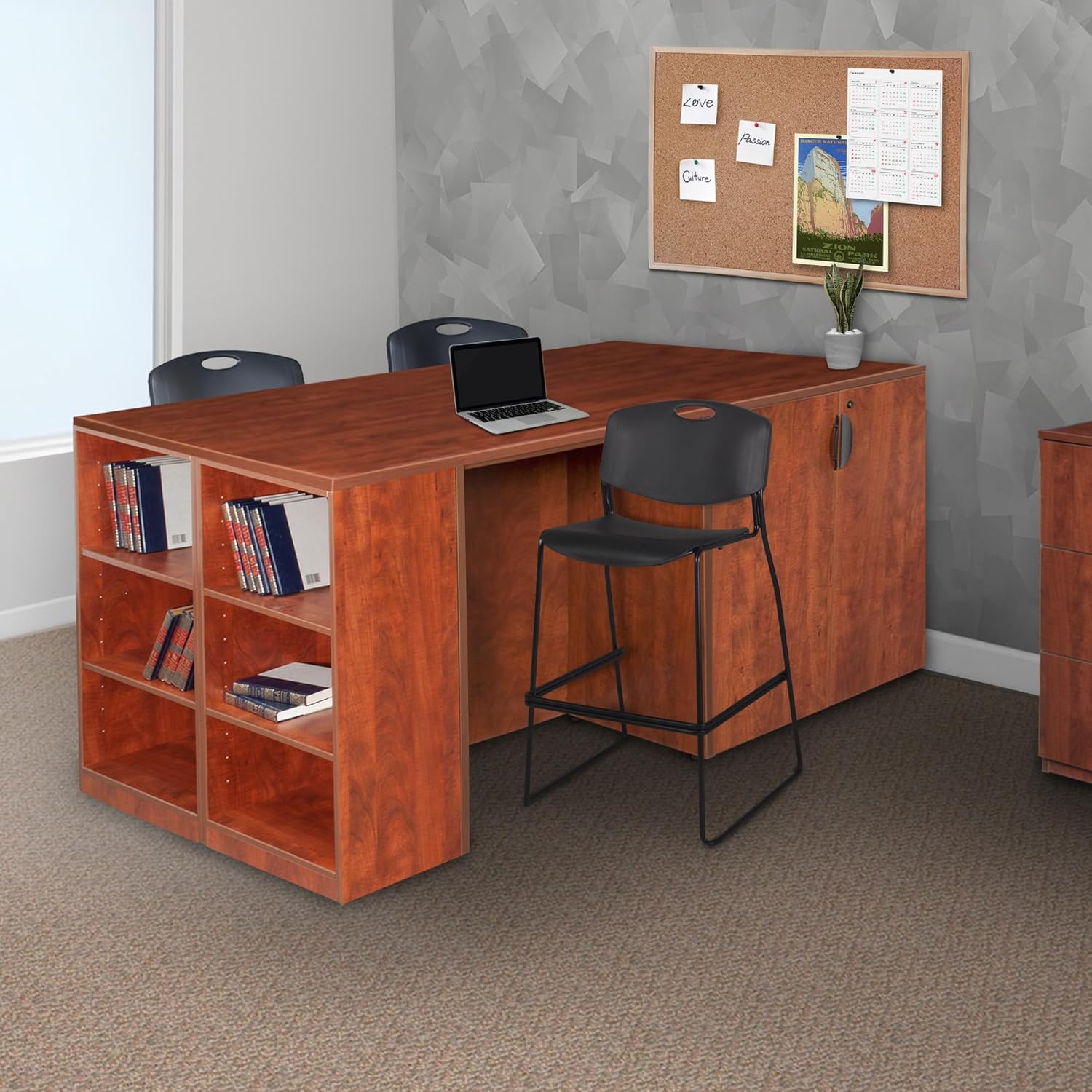 Regency Legacy Stand Up Storage Cabinet/ 3 Desk Quad with Bookcase End- Cherry