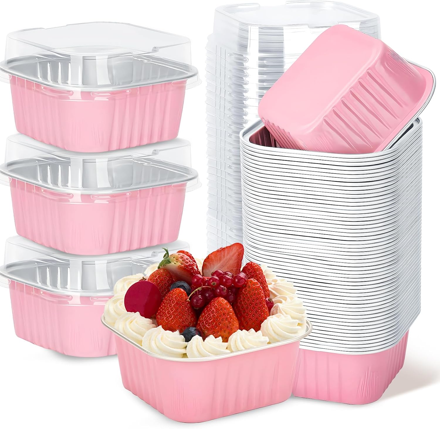 30Pack 5oz Pink Mini Cake Pans with Lids Baking Cups Aluminum Foil Pans Tins, Individual Dessert Cups Containers for Sales, Party, Picnics