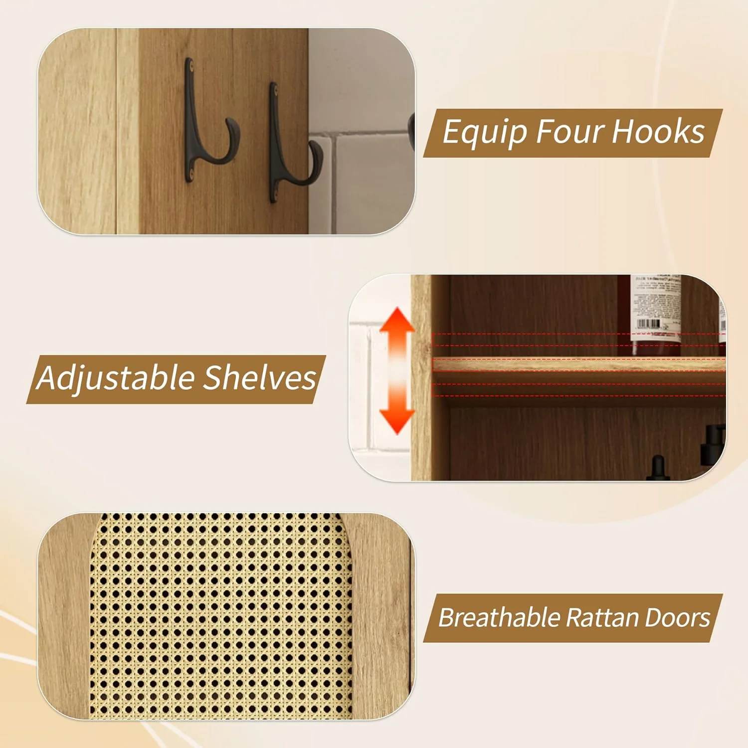 66-Inch Bathroom Storage Cabinet with Rattan Doors, Bath Room Organizer Floor Cabinets Brown - Image 8