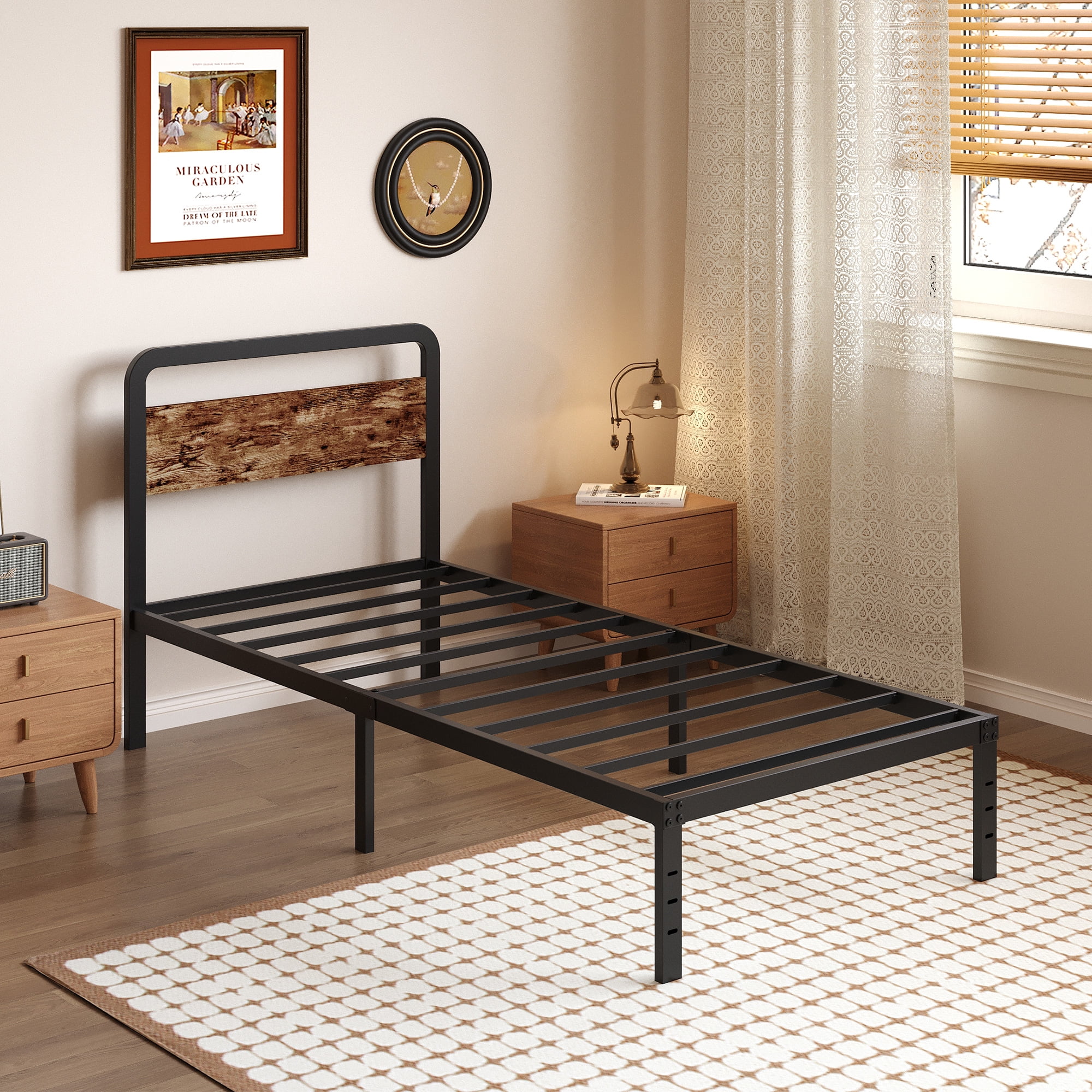 Maenizi Twin XL Bed Frames with Upholstered Headboard, 18 in Twin XL Metal Bed Frame No Box Spring Needed, Heavy Duty Metal Slats, Noise Free, Easy Assemble, Grey