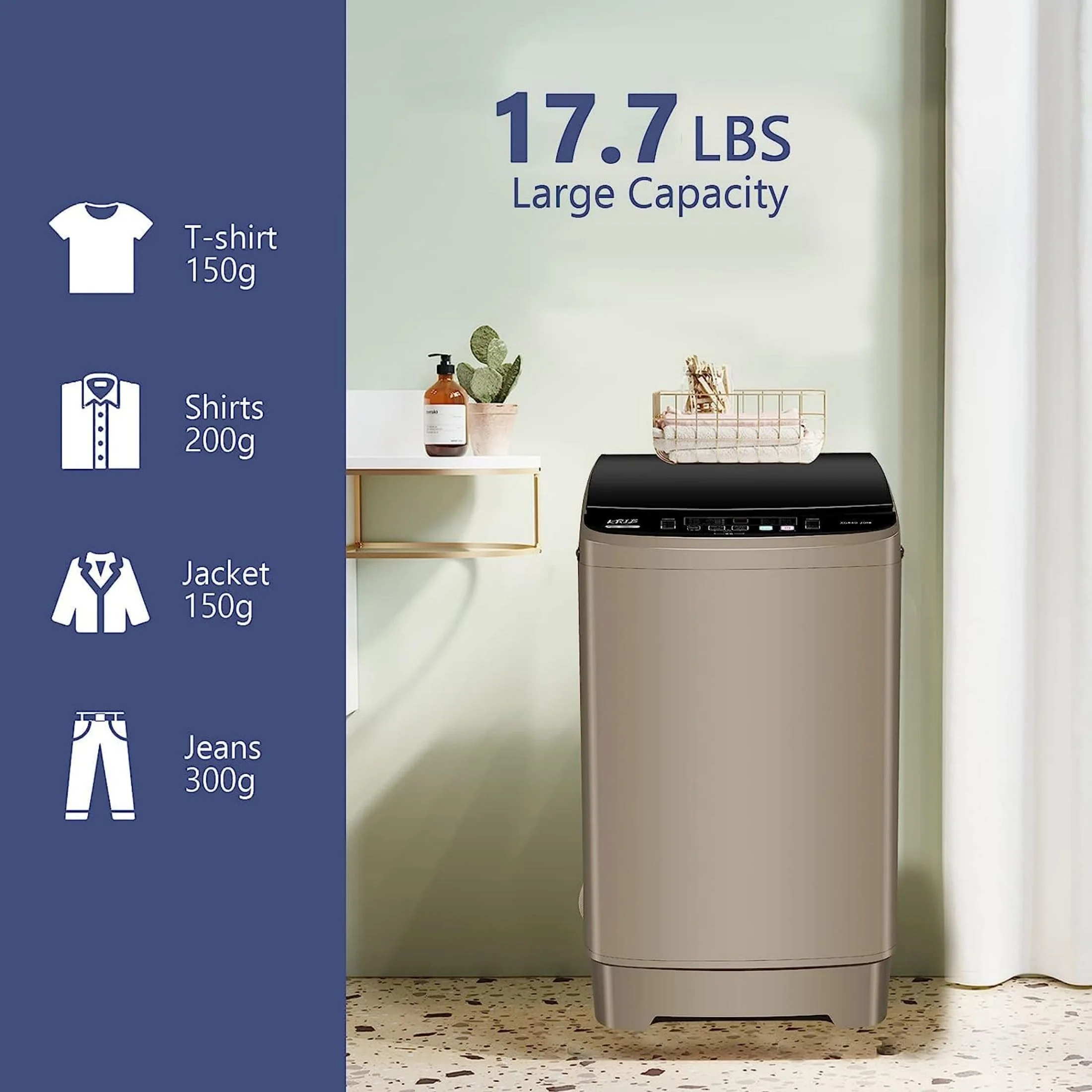 Full - Automatic Washing Machine, Portable Laundry Washer, Compact 17.7 lb, LED Display, Drain Pump, 10 Wash Programs 8 Water Levels